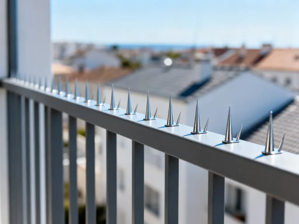 Dyskretne kolce przeciw ptakom zamontowane na nowoczesnej balustradzie balkonowej, chroniące przestrzeń przed gołębiami.