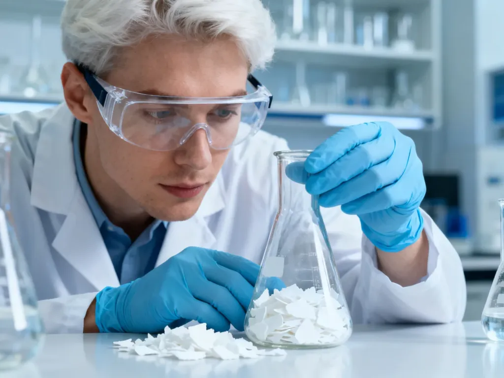Osoba w okularach ochronnych i rękawiczkach laboratoryjnych ostrożnie przesypuje płatki sody kaustycznej do szklanej zlewki.