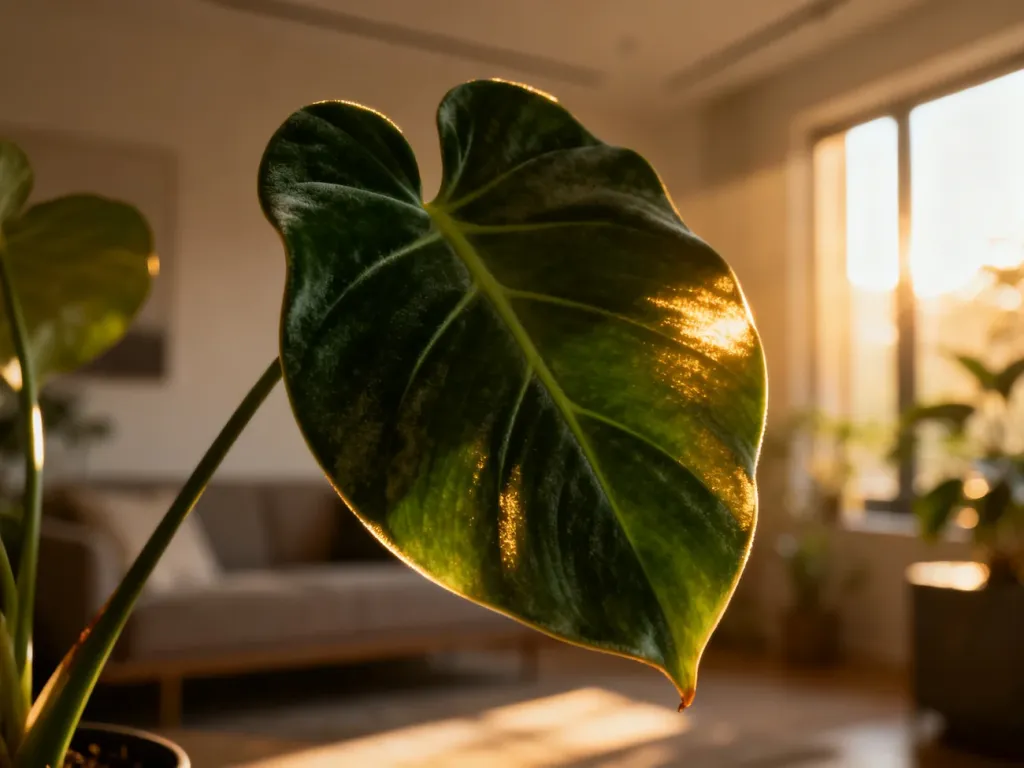 Zbliżenie na długi, sercowaty liść Philodendron spiritus sancti o wyraźnym unerwieniu w jasnym, nowoczesnym wnętrzu.