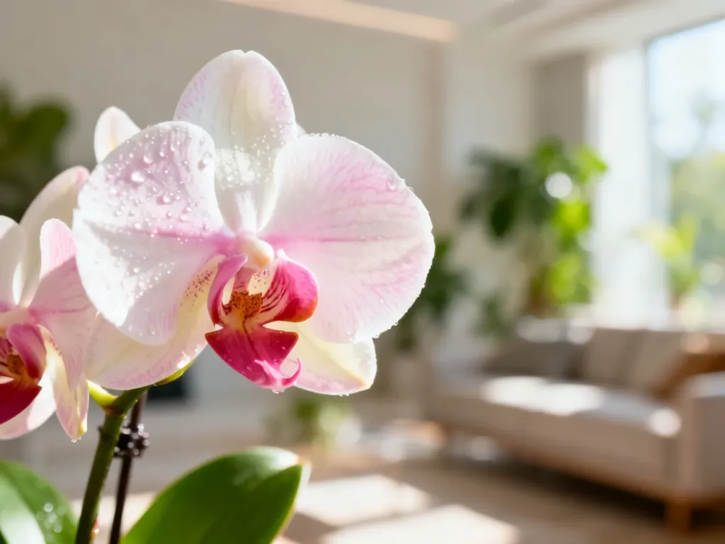 Zbliżenie na kwitnącego storczyka Phalaenopsis z kroplami rosy na płatkach, ustawionego w jasnym, nowoczesnym wnętrzu.