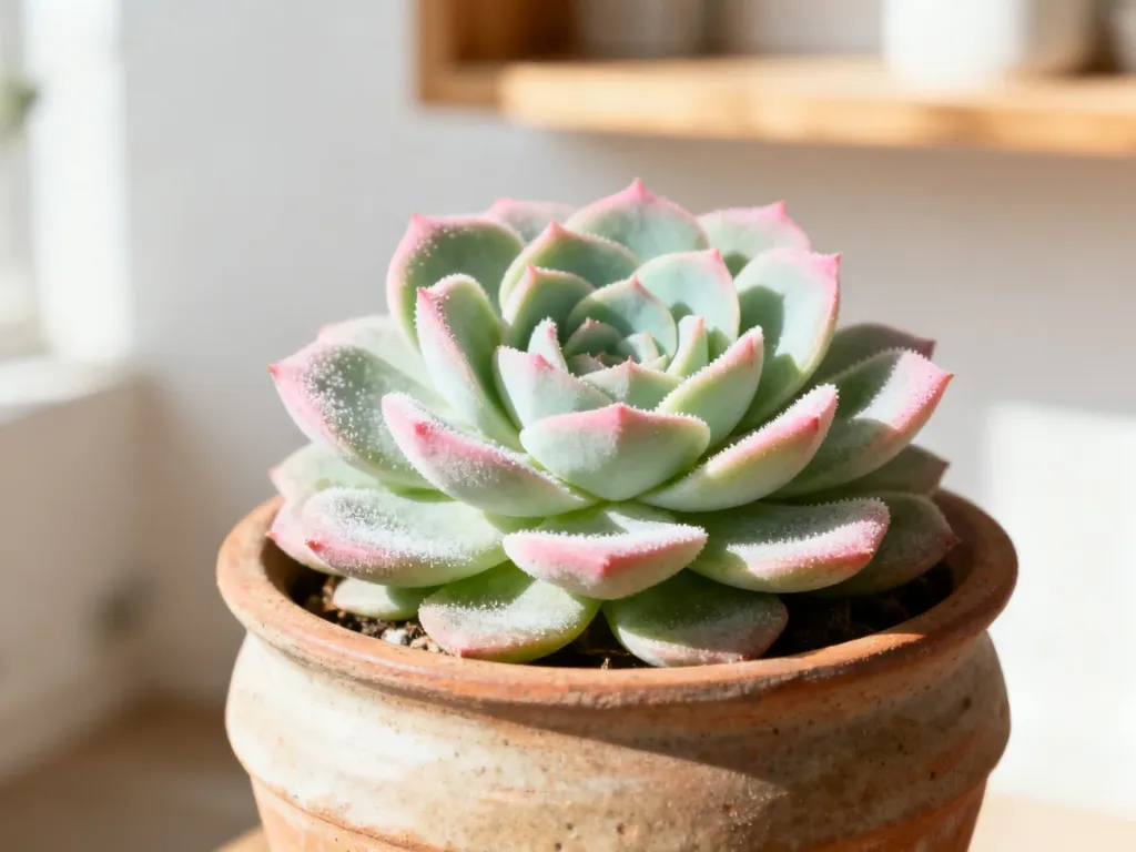 Echeveria o mięsistych, różowo-zielonych liściach w ceramicznej doniczce, ustawiona na drewnianej półce w jasnym wnętrzu.