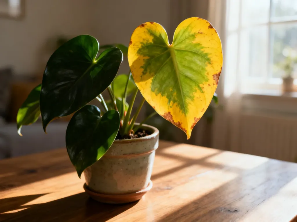 Anthurium w ceramicznej doniczce z widocznym żółknięciem brzegów liścia na tle zdrowych, ciemnozielonych roślin.