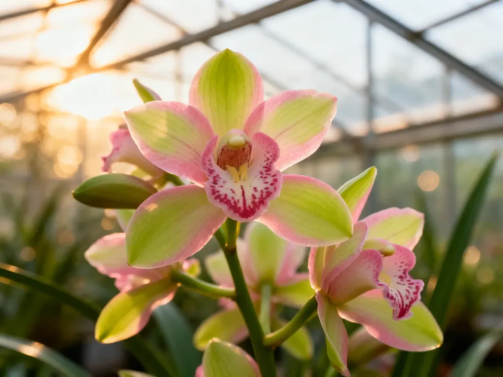 Zbliżenie na różowo-zielone kwiaty storczyka Cymbidium w pełnym rozkwicie w słonecznej szklarni.