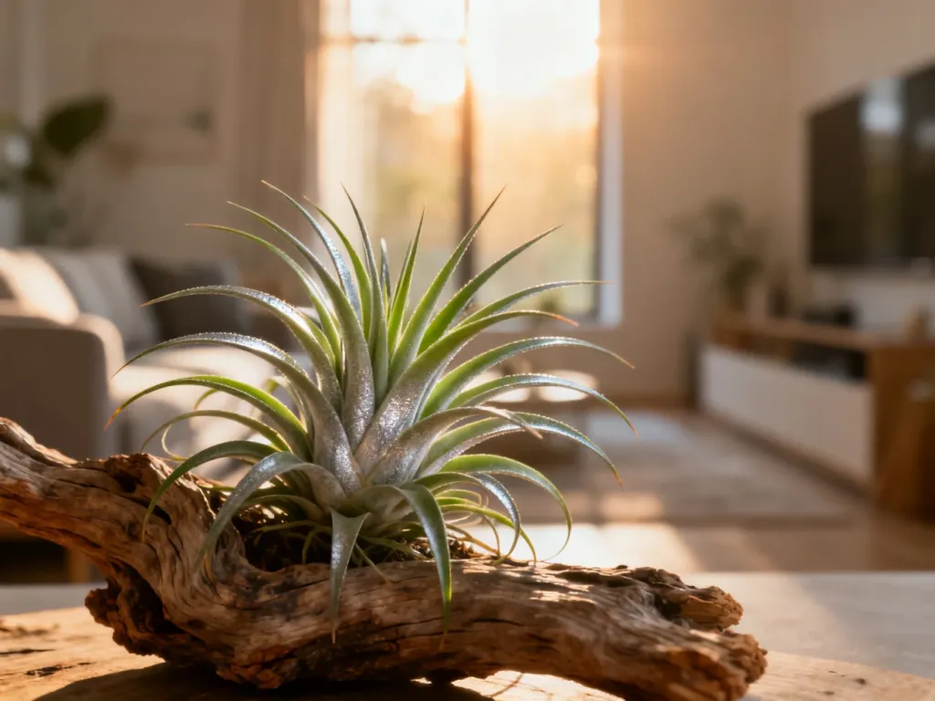 Szczegółowe zbliżenie na roślinę powietrzną Tillandsia umieszczoną na kawałku drewna w słonecznym, nowoczesnym wnętrzu.