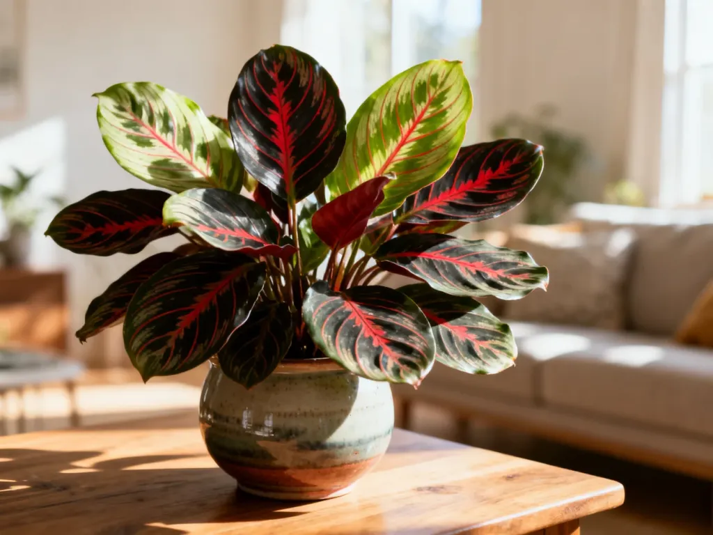 Zbliżenie na roślinę Maranta leuconeura z charakterystycznymi wzorzystymi liśćmi w ceramicznej doniczce.