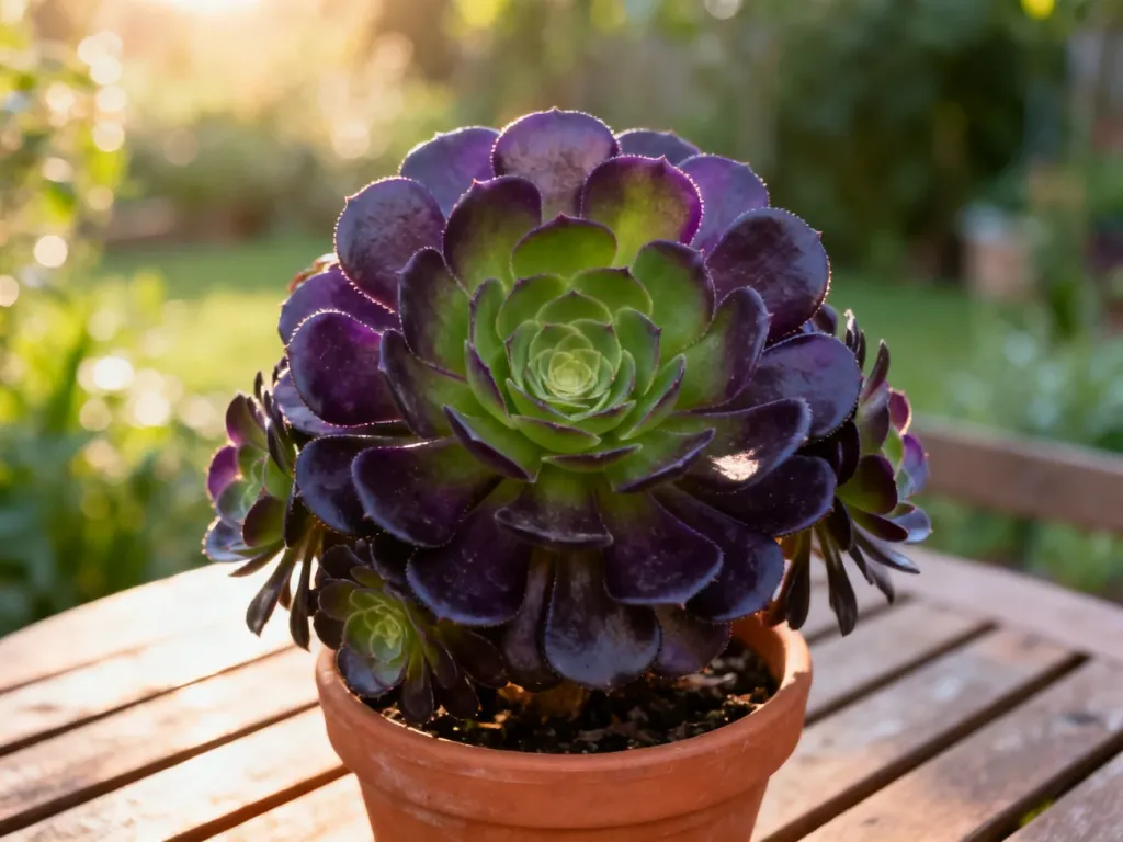 Soczyste, purpurowo-zielone rozety aeonium w terakotowej doniczce, oświetlone ciepłym porannym światłem.